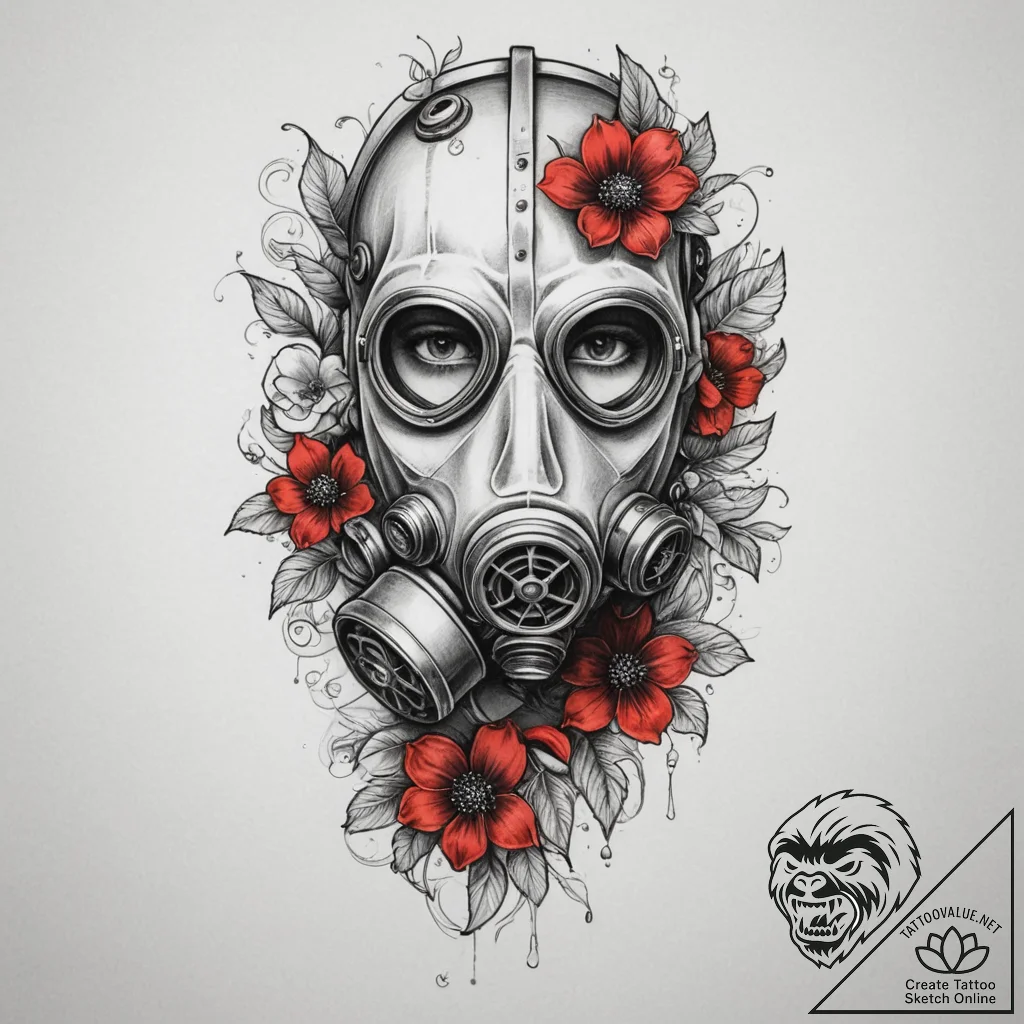 Gas mask with flowers growing from it, tattoo... - tattoo sketch (№1755584441_0, 19.08.2025 06:20) — tattoovalue.net