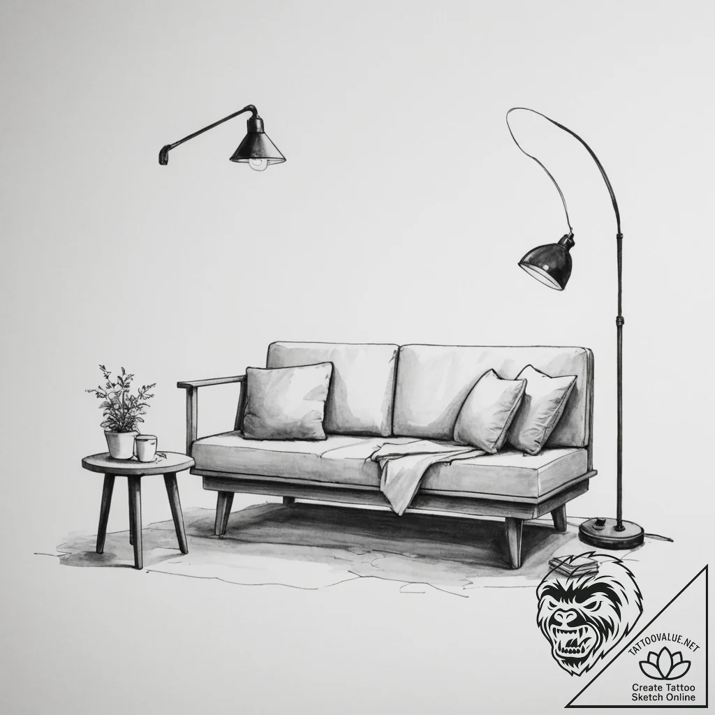 A cozy reading nook with a built-in bench, cu... - tattoo sketch (№1755588788_0, 19.08.2025 07:33) — tattoovalue.net