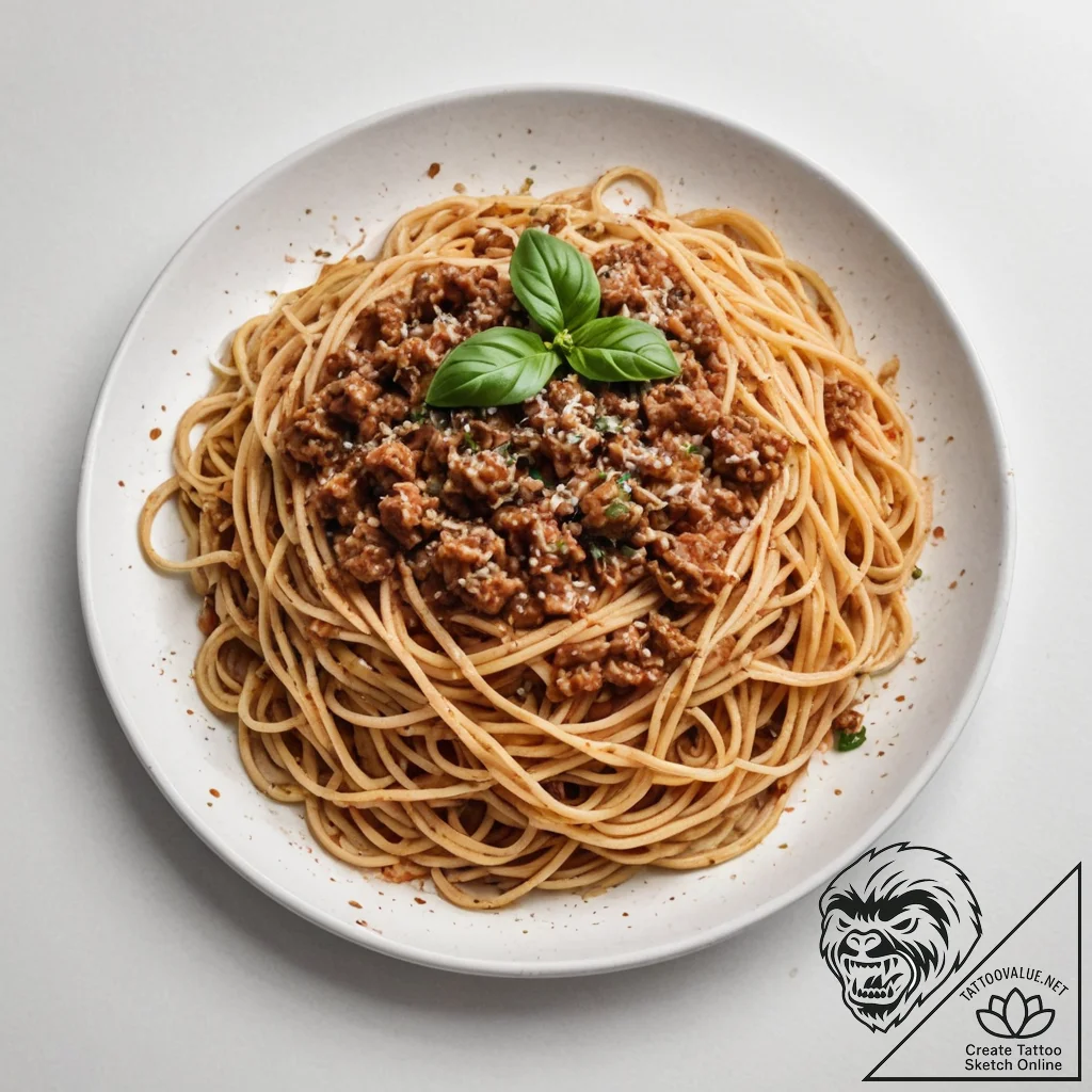 A messy, half-eaten plate of spaghetti bologn... - tattoo sketch (№1755590375_0, 19.08.2025 07:59) — tattoovalue.net