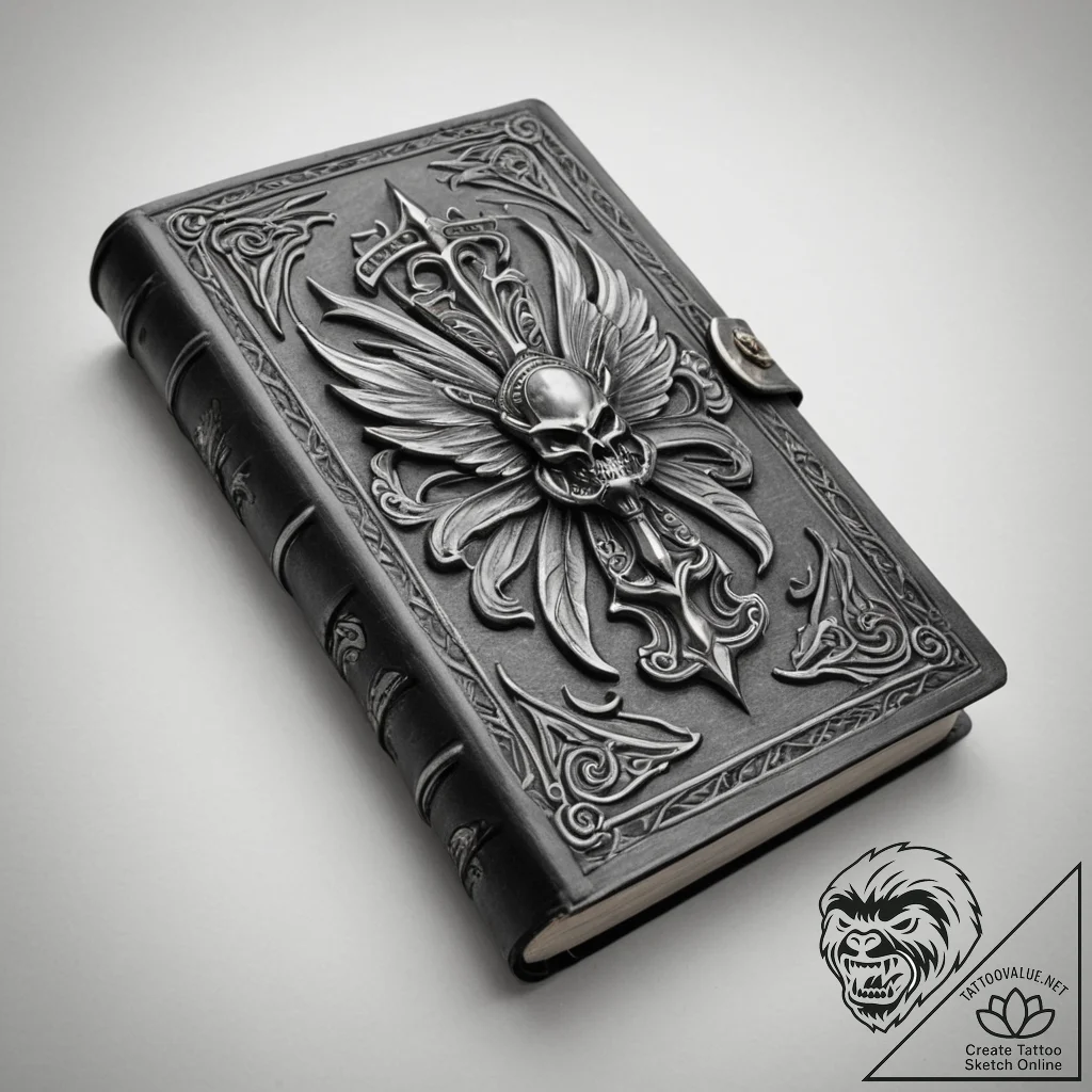 A detailed shot of an old, leather-bound book... - tattoo sketch (№1755590571_0, 19.08.2025 08:02) — tattoovalue.net