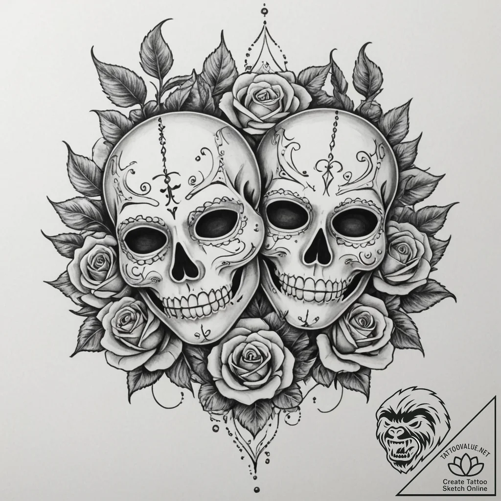 Tattoo design two halves of a theatre mask, o... - tattoo sketch (№1755592754_0, 19.08.2025 08:39) — tattoovalue.net