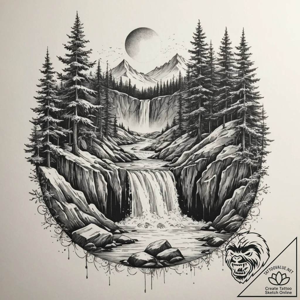 A frozen waterfall, captured in intricate det... - tattoo sketch (№1755596715_0, 19.08.2025 09:45) — tattoovalue.net