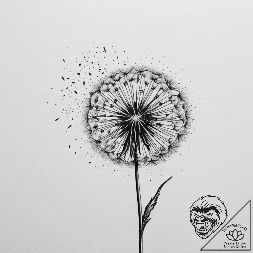 Tattoo design a dandelion with seeds blowing... - tattoo sketch (№1755596913_0, 19.08.2025 09:48) — tattoovalue.net