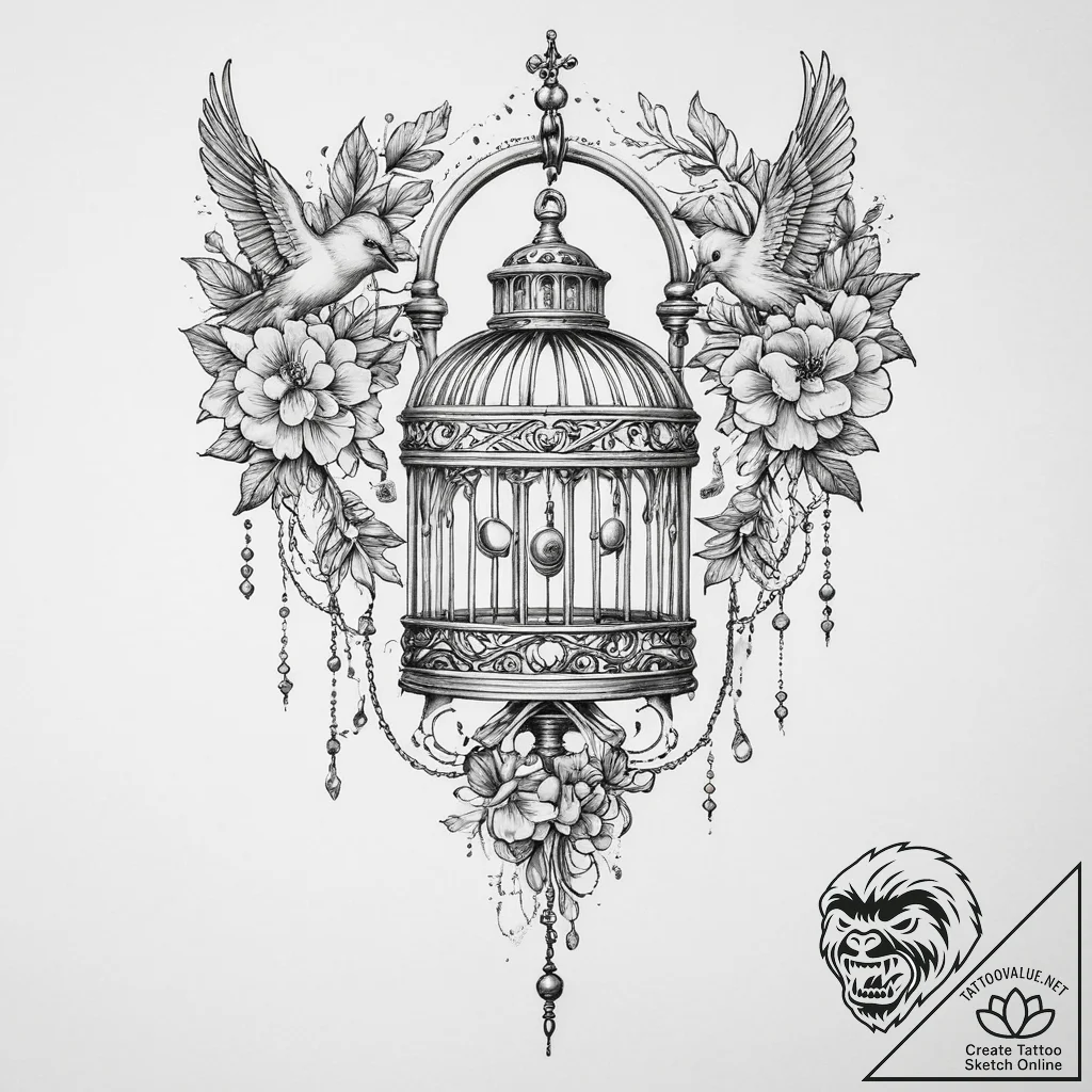 Tattoo sketch a key unlocking a birdcage, wit... - tattoo sketch (№1755610213_0, 19.08.2025 13:30) — tattoovalue.net