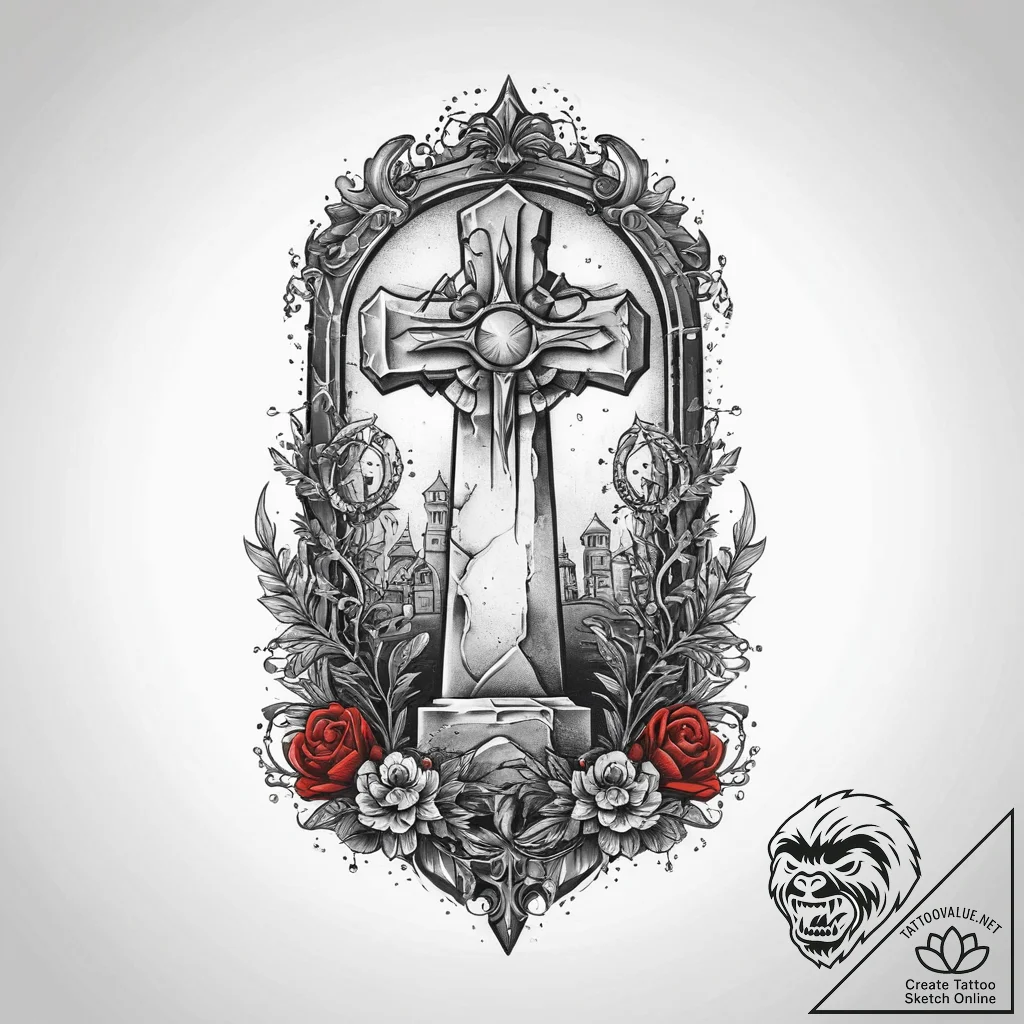 Tattoo sketch a stylized graveyard with a lon... - tattoo sketch (№1755610418_0, 19.08.2025 13:33) — tattoovalue.net