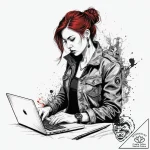 A journalist in a flak jacket, typing on a la… – tattoo sketch (№1755610849_0, 19.08.2025 13:40) — tattoovalue.net