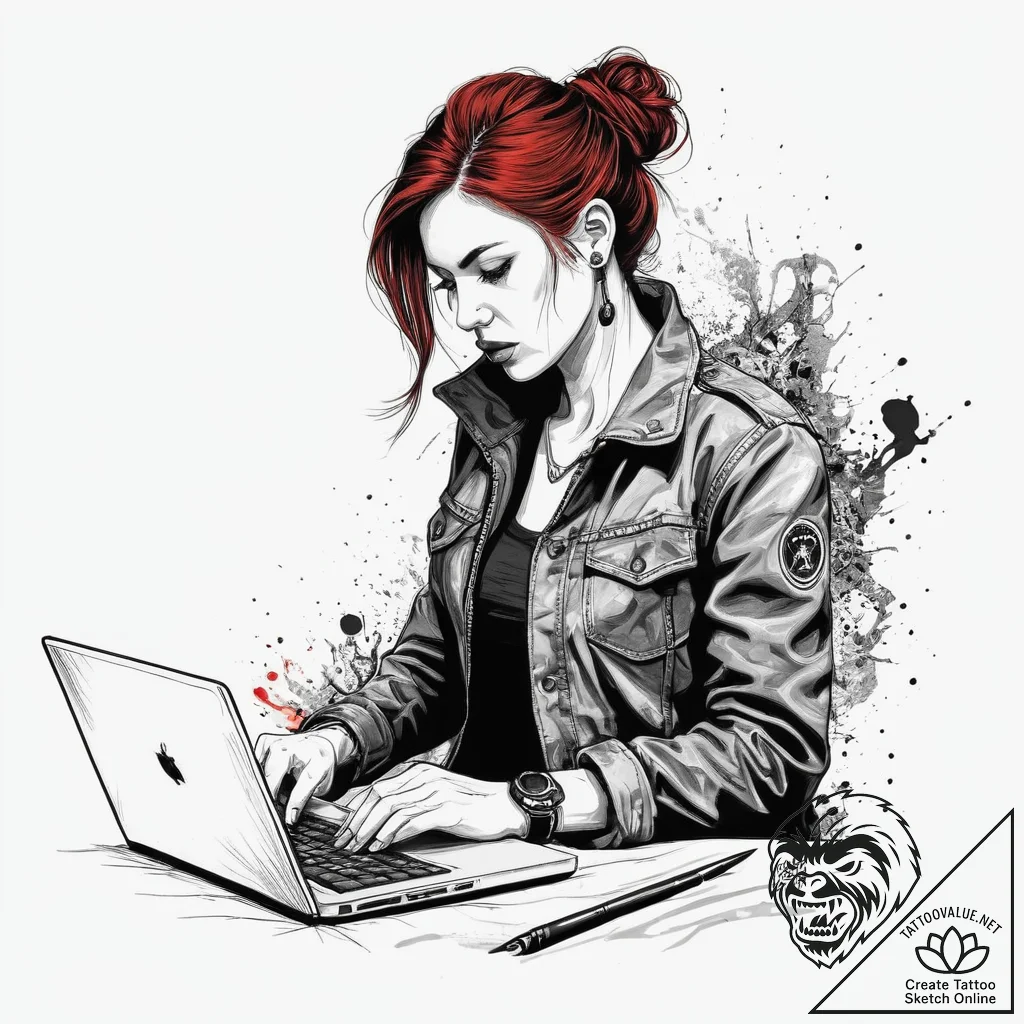 A journalist in a flak jacket, typing on a la... - tattoo sketch (№1755610849_0, 19.08.2025 13:40) — tattoovalue.net