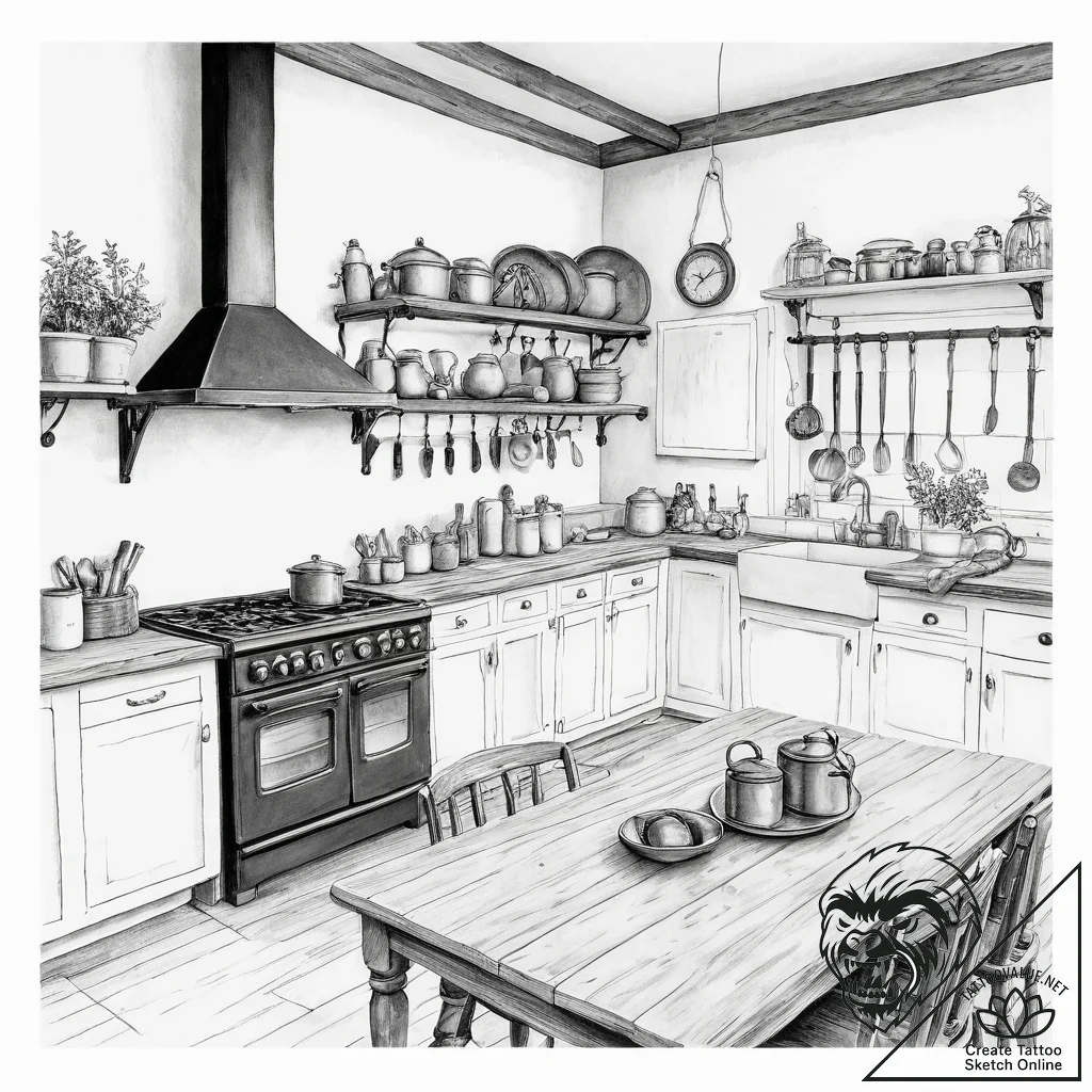 A warm and inviting farmhouse kitchen with a... - tattoo sketch (№1755614379_0, 19.08.2025 14:39) — tattoovalue.net
