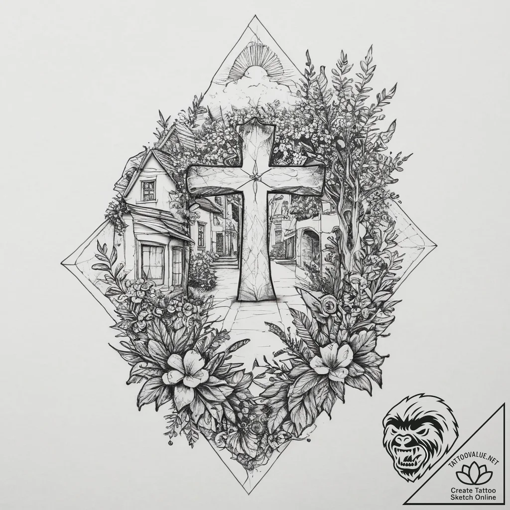 A hidden courtyard garden in the middle of a... - tattoo sketch (№1755615440_0, 19.08.2025 14:57) — tattoovalue.net
