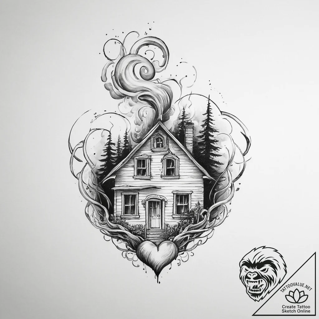 Tattoo design a small, stylized home with smo... - tattoo sketch (№1755615649_0, 19.08.2025 15:00) — tattoovalue.net