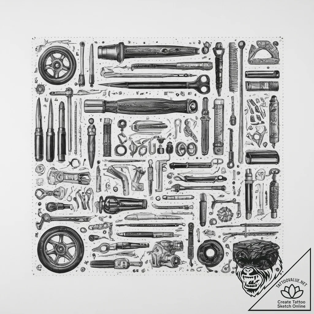 A mechanic's garage, with tools neatly organi... - tattoo sketch (№1755616274_0, 19.08.2025 15:11) — tattoovalue.net