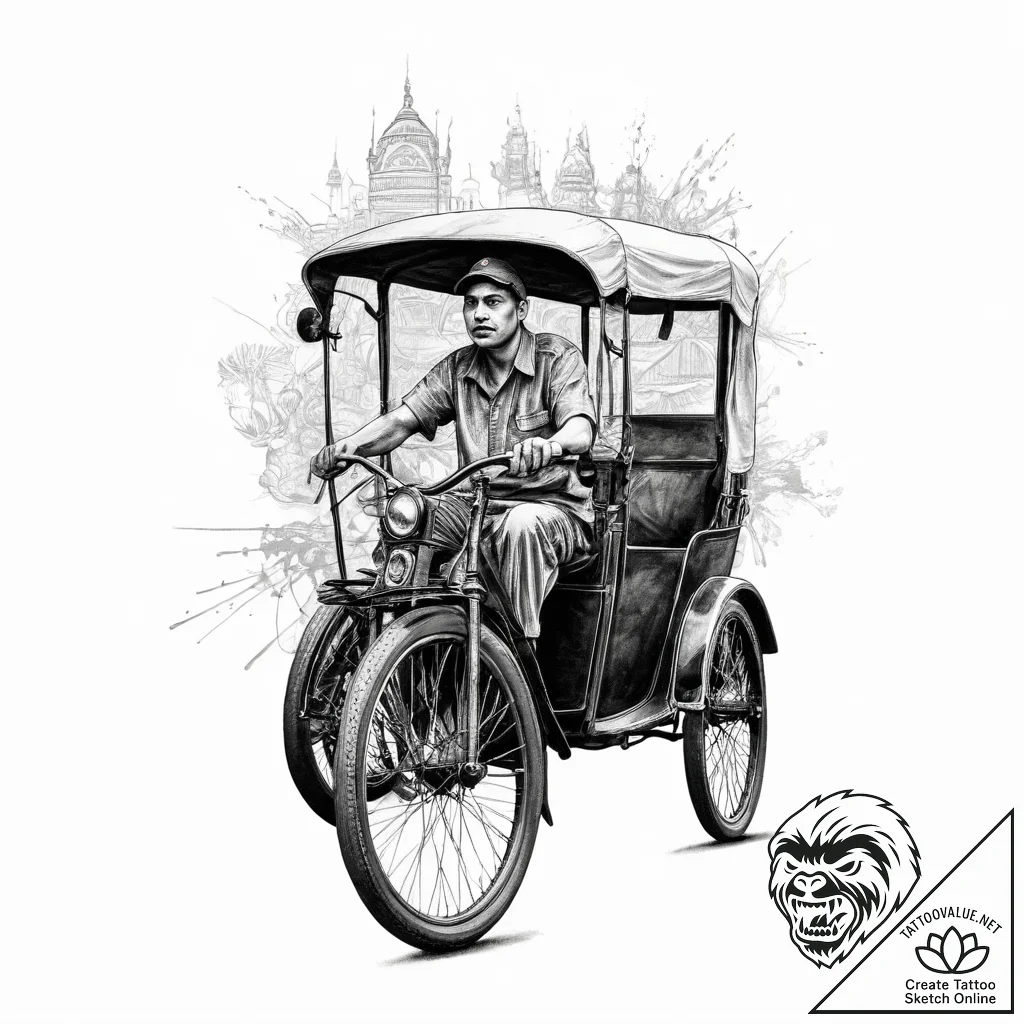 A shot of a rickshaw driver navigating a crow... - tattoo sketch (№1755617106_0, 19.08.2025 15:25) — tattoovalue.net