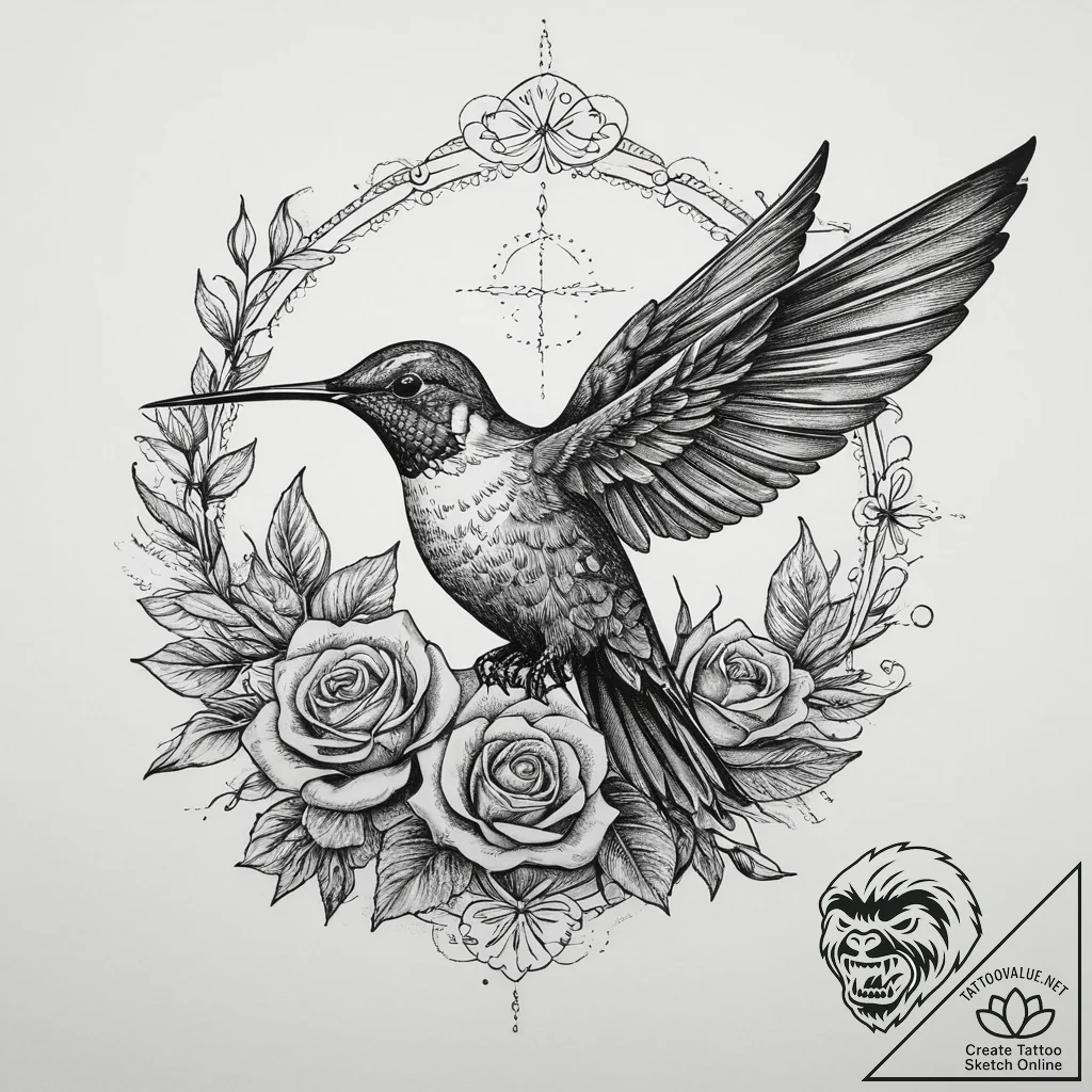 A tiny, colorful hummingbird hovering next to... - tattoo sketch (№1755619185_0, 19.08.2025 15:59) — tattoovalue.net