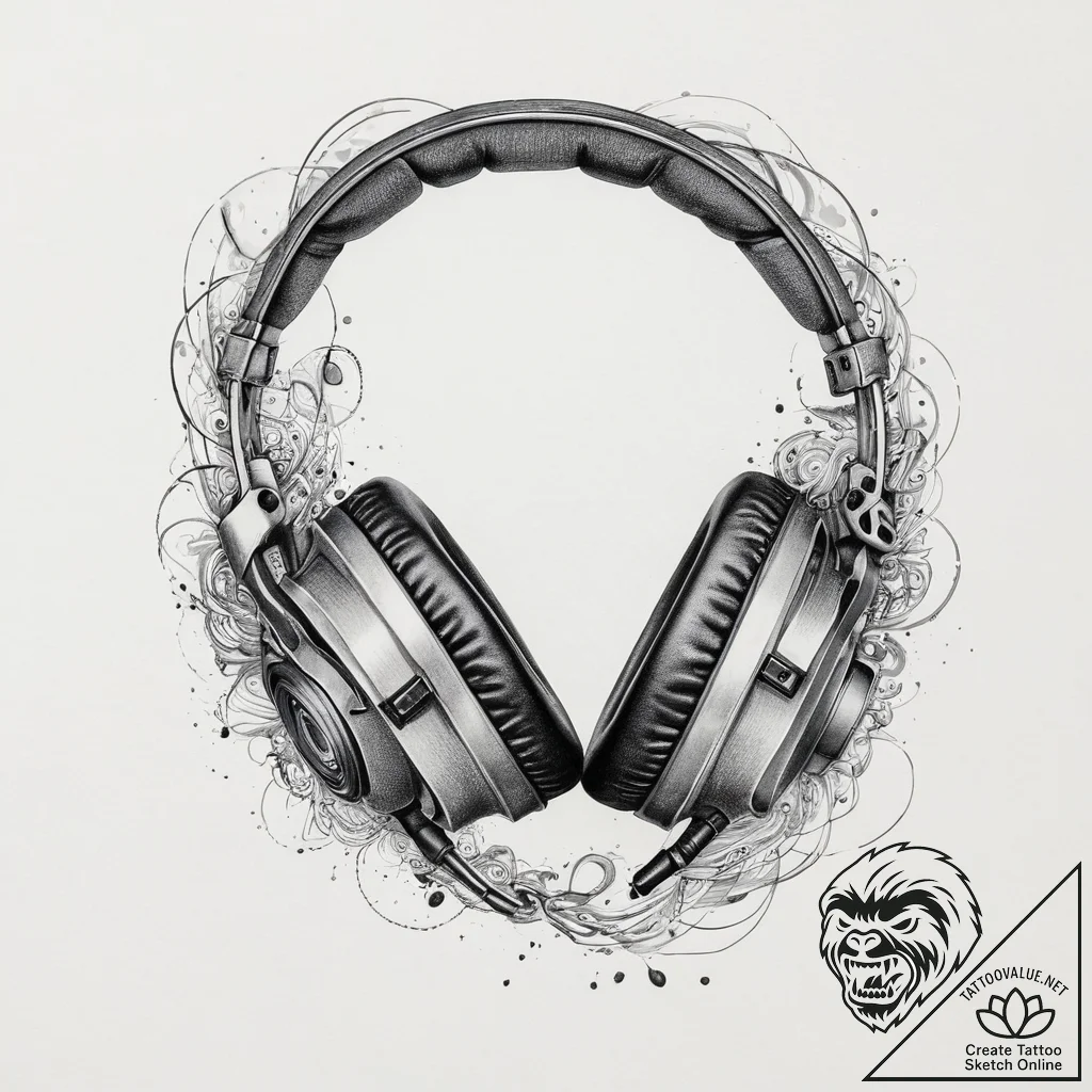 Tattoo sketch a gaming headset with sound wav... - tattoo sketch (№1755620630_0, 19.08.2025 16:23) — tattoovalue.net
