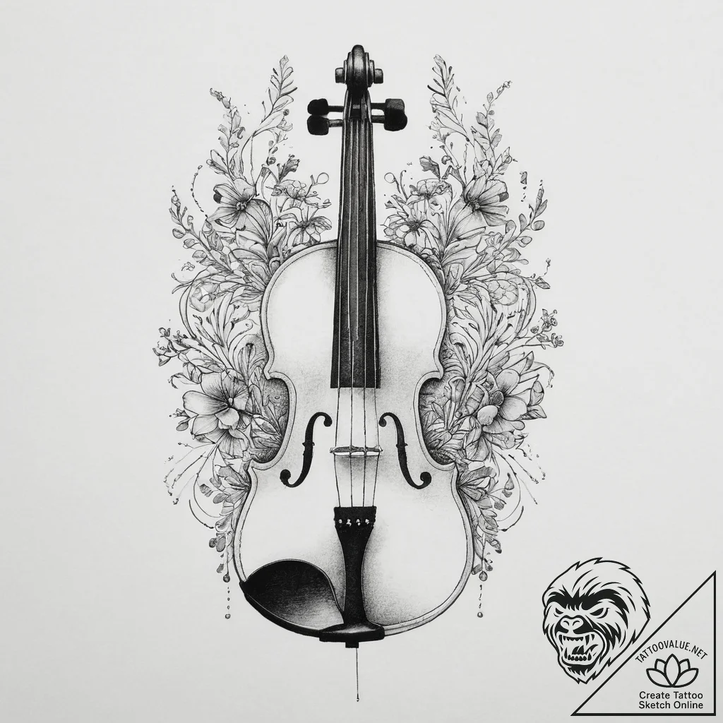 Tattoo sketch a violin whose strings turn int... - tattoo sketch (№1755620835_0, 19.08.2025 16:27) — tattoovalue.net