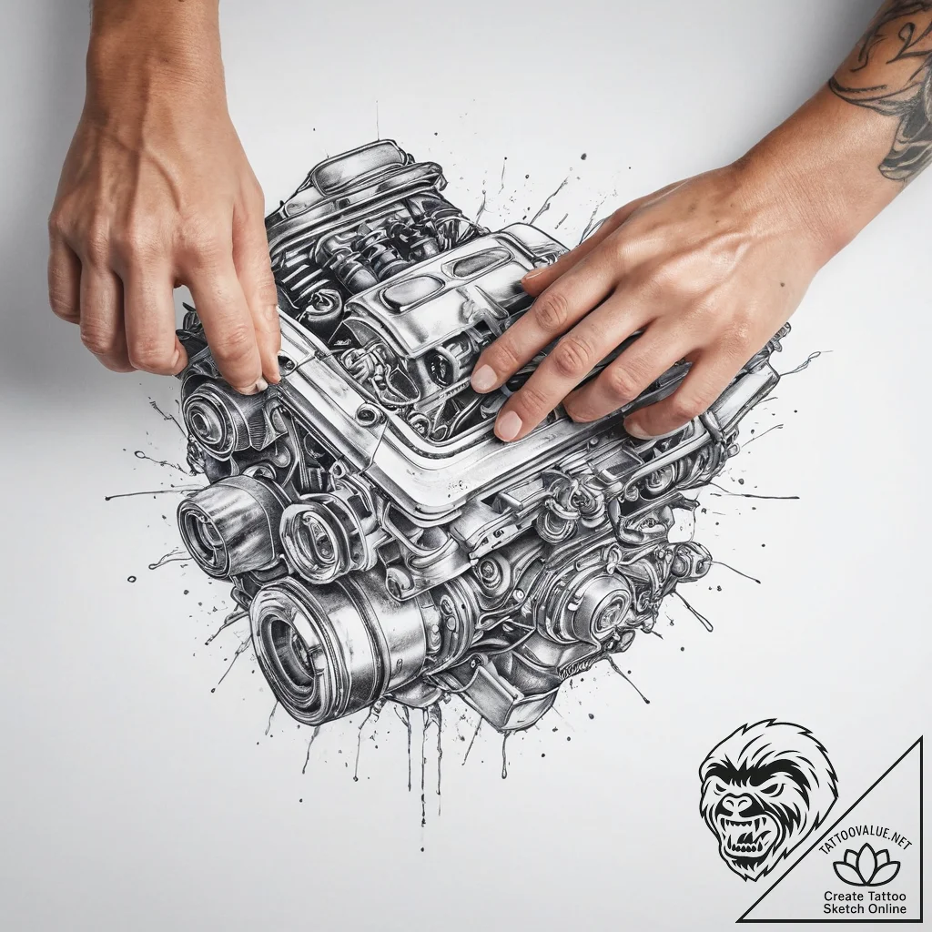 A person's hands covered in grease, working o... - tattoo sketch (№1755622701_0, 19.08.2025 16:58) — tattoovalue.net