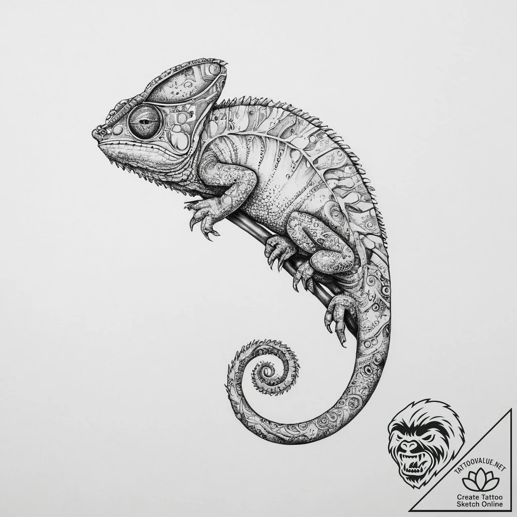 Chameleon, tattoo drawing outline, black and... - tattoo sketch (№1755623733_0, 19.08.2025 17:15) — tattoovalue.net