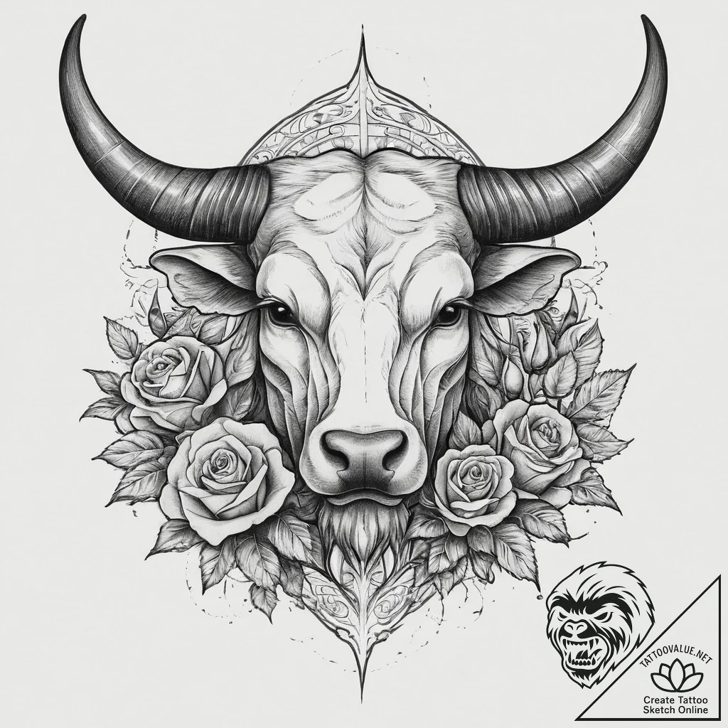 Tattoo design a powerful taurus bull, with vi... - tattoo sketch (№1755624564_0, 19.08.2025 17:29) — tattoovalue.net