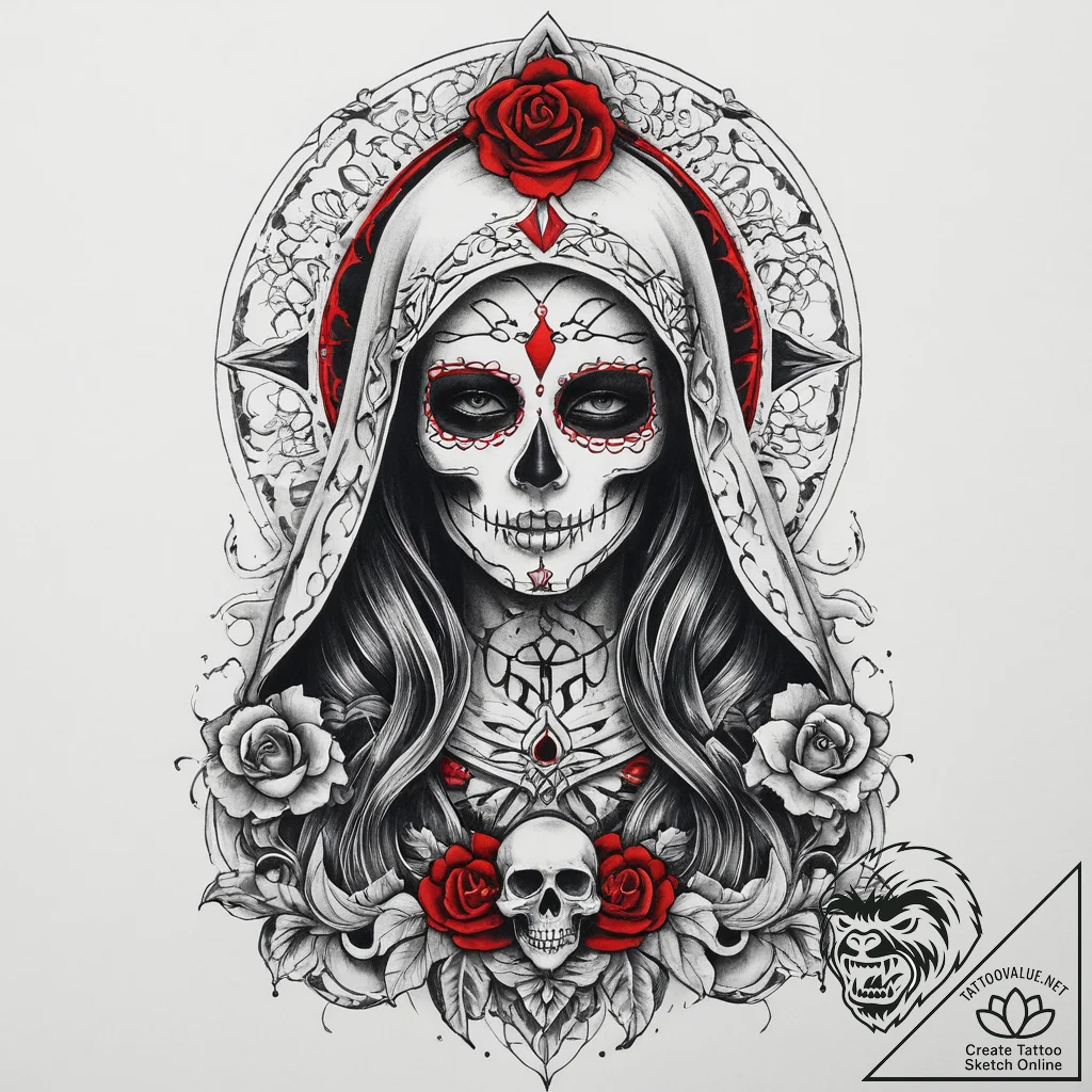 Santa muerte, concept art for tattoo, on a cl... - tattoo sketch (№1755624769_0, 19.08.2025 17:32) — tattoovalue.net