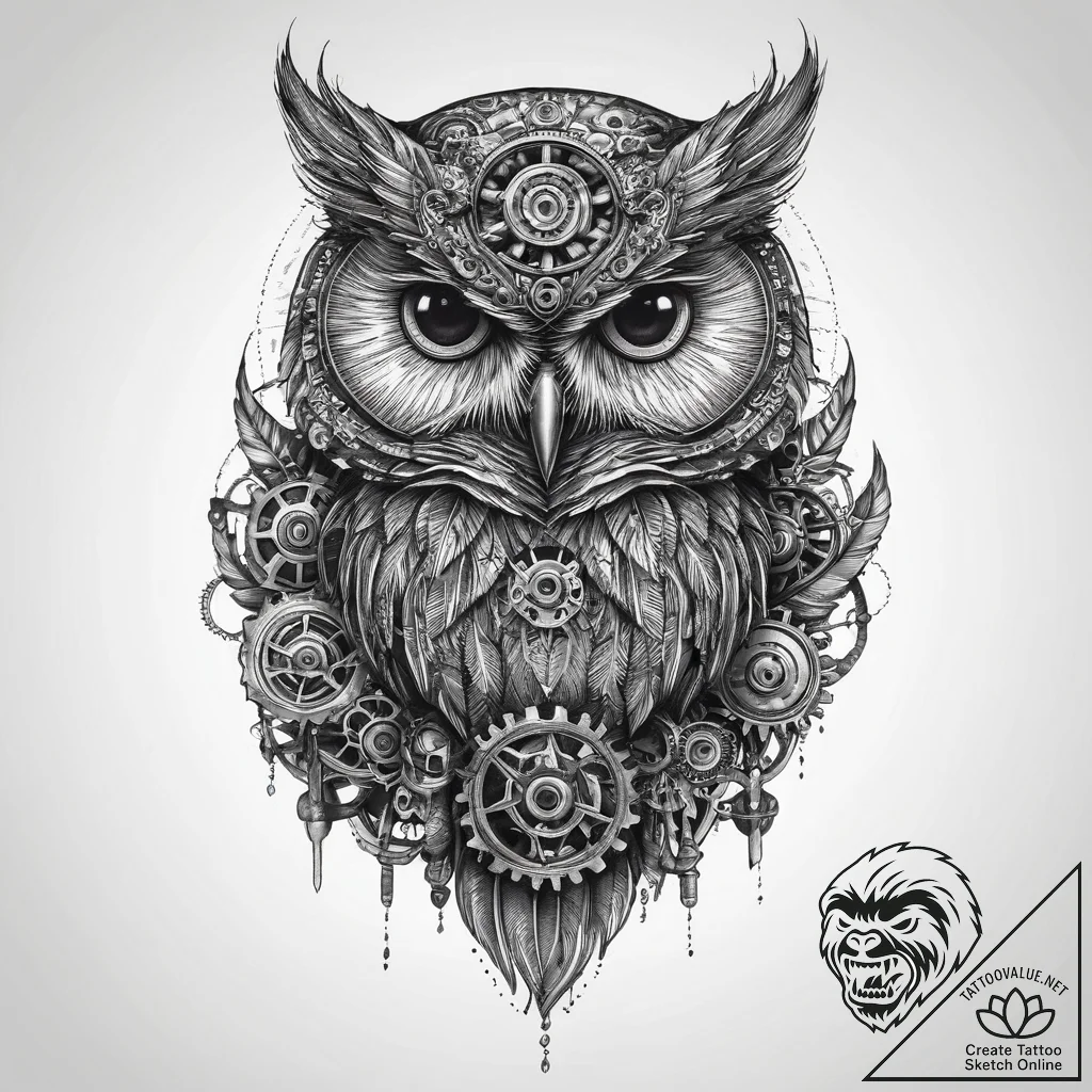 Steampunk owl with gear-feathers, tattoo sket... - tattoo sketch (№1755626018_0, 19.08.2025 17:53) — tattoovalue.net