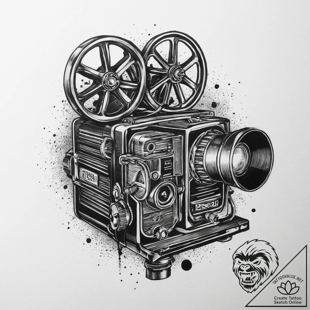 A shot from behind a movie projector in an ol... - tattoo sketch (№1755627660_0, 19.08.2025 18:21) — tattoovalue.net