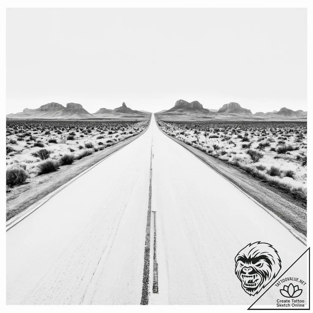 A shot of a long, straight, empty road in the... - tattoo sketch (№1755628509_0, 19.08.2025 18:35) — tattoovalue.net