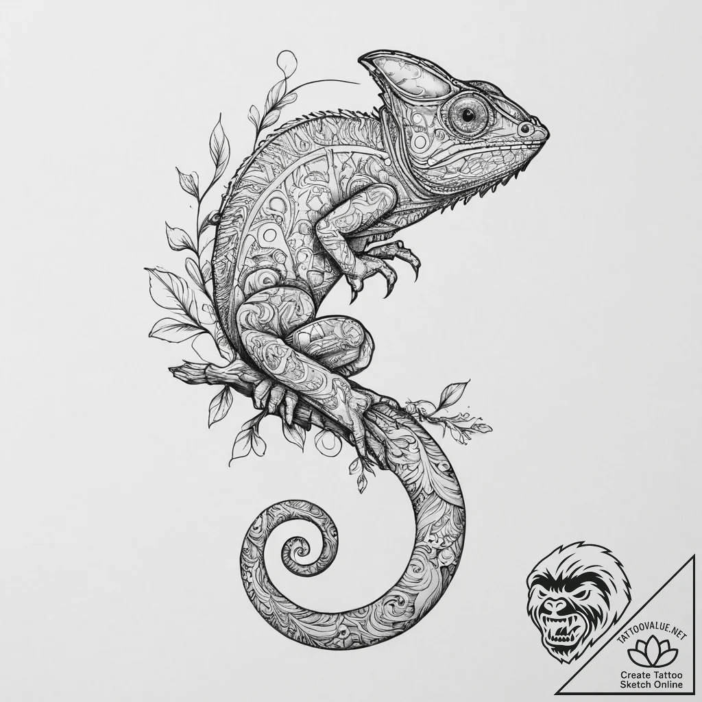 Chameleon, tattoo drawing outline, on a clean... - tattoo sketch (№1755629344_0, 19.08.2025 18:49) — tattoovalue.net