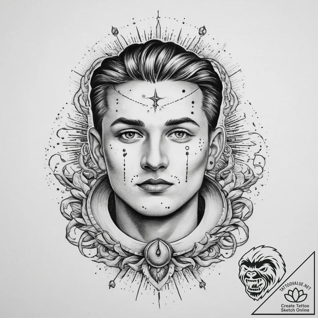 Tattoo sketch: a portrait of dazhbog, his fac... - tattoo sketch (№1755632890_0, 19.08.2025 19:48) — tattoovalue.net