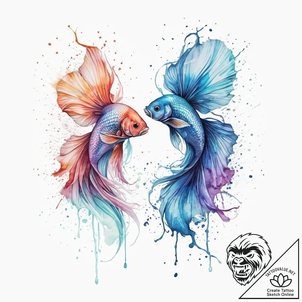 Two fighting fish (siamese fighting fish), ta... - tattoo sketch (№1755635169_0, 19.08.2025 20:26) — tattoovalue.net