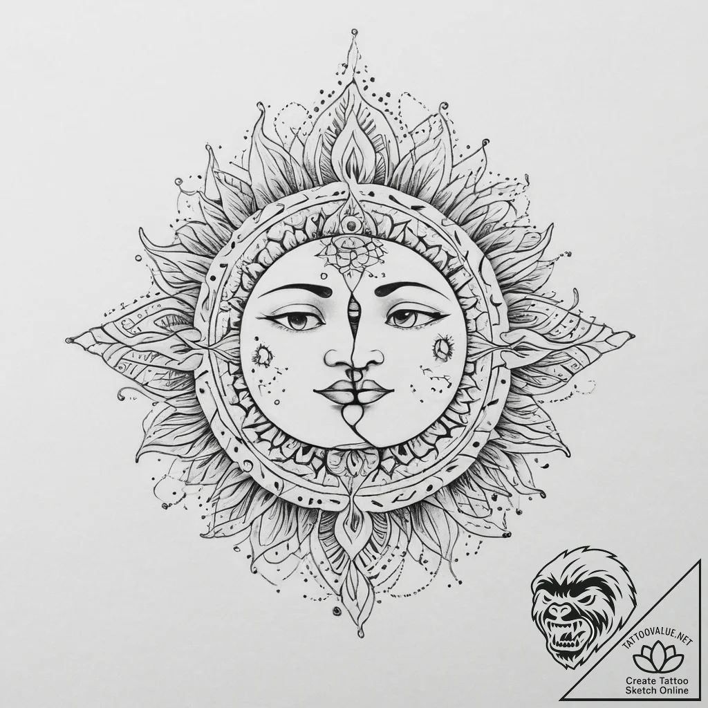 Tattoo design a hand-drawn sun and moon on op... - tattoo sketch (№1755636435_0, 19.08.2025 20:47) — tattoovalue.net