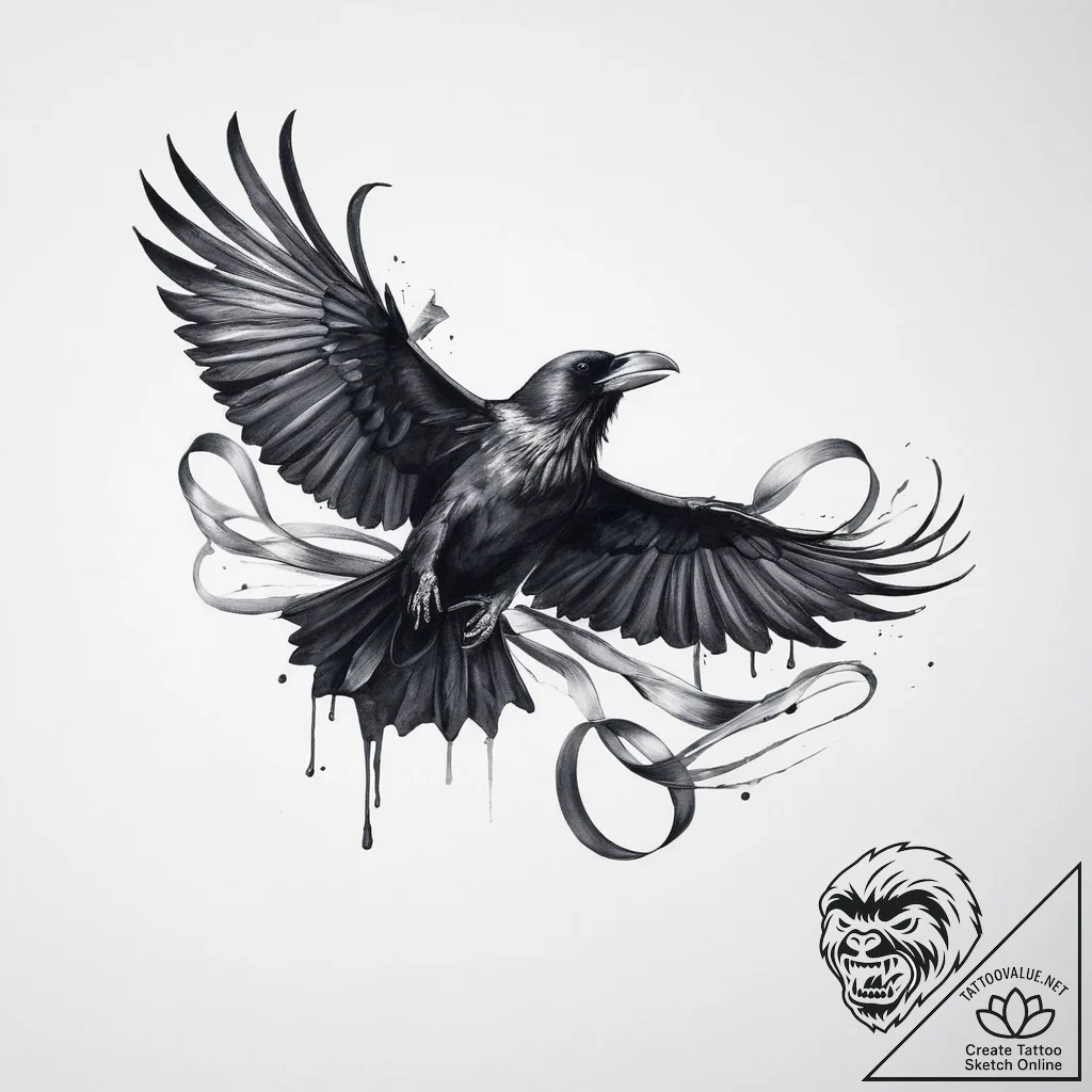 A raven unravelling into a ribbon of ink - tattoo sketch (№1755639132_0, 19.08.2025 21:32) — tattoovalue.net