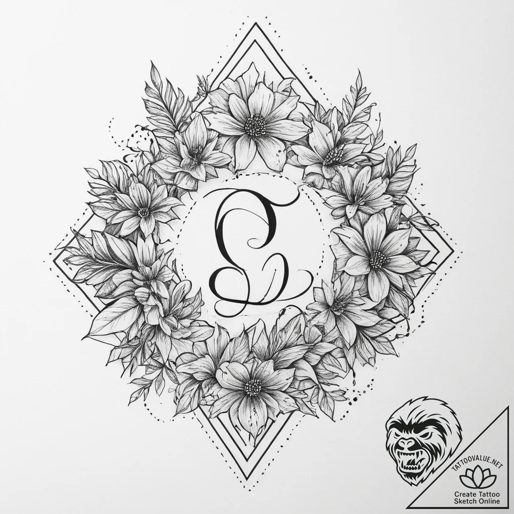 Tattoo sketch a floral design with hidden ini... - tattoo sketch (№1755640374_0, 19.08.2025 21:52) — tattoovalue.net