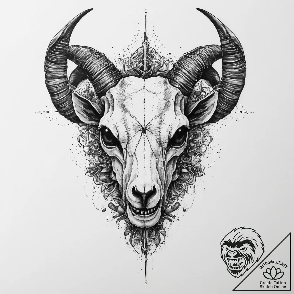 Goat skull, tattoo sketch design, black and w... - tattoo sketch (№1755642887_0, 19.08.2025 22:34) — tattoovalue.net
