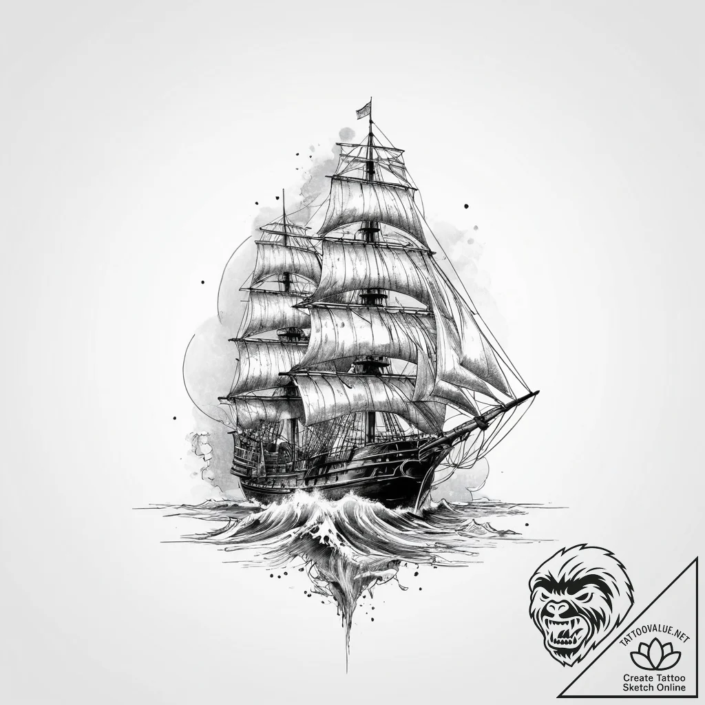 Frigate, tattoo drawing outline, rough sketch... - tattoo sketch (№1755661622_0, 20.08.2025 03:47) — tattoovalue.net