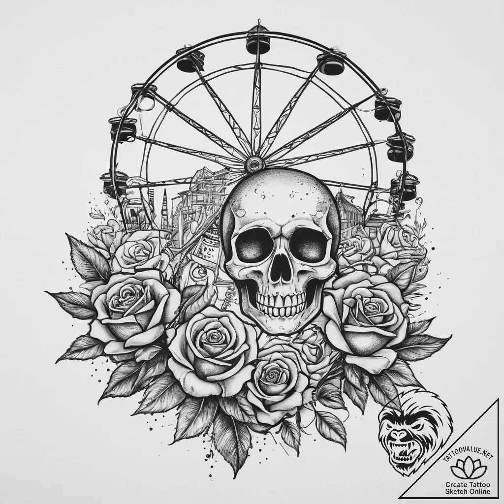 A nighttime shot of a carnival, with the ferr... - tattoo sketch (№1755661819_0, 20.08.2025 03:50) — tattoovalue.net