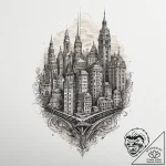 A barcode that morphs into a cityscape, artis… – tattoo sketch (№1755662422_0, 20.08.2025 04:00) — tattoovalue.net