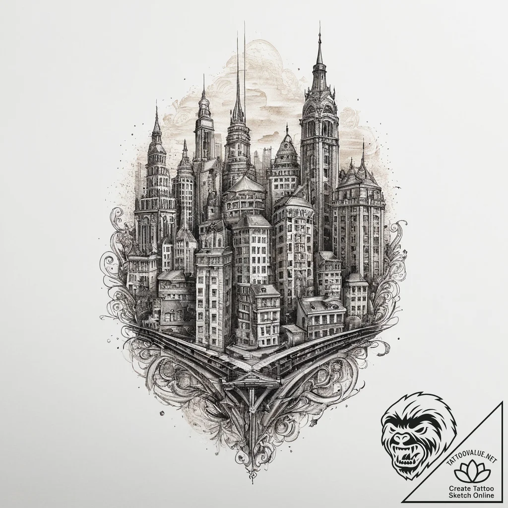 A barcode that morphs into a cityscape, artis... - tattoo sketch (№1755662422_0, 20.08.2025 04:00) — tattoovalue.net