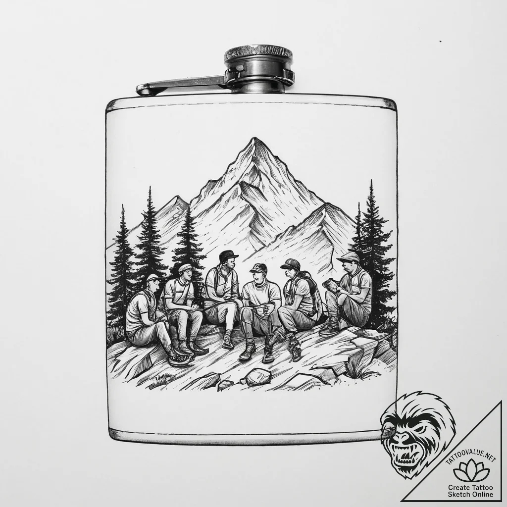 A group of hikers taking a break at a mountai... - tattoo sketch (№1755664921_0, 20.08.2025 04:42) — tattoovalue.net