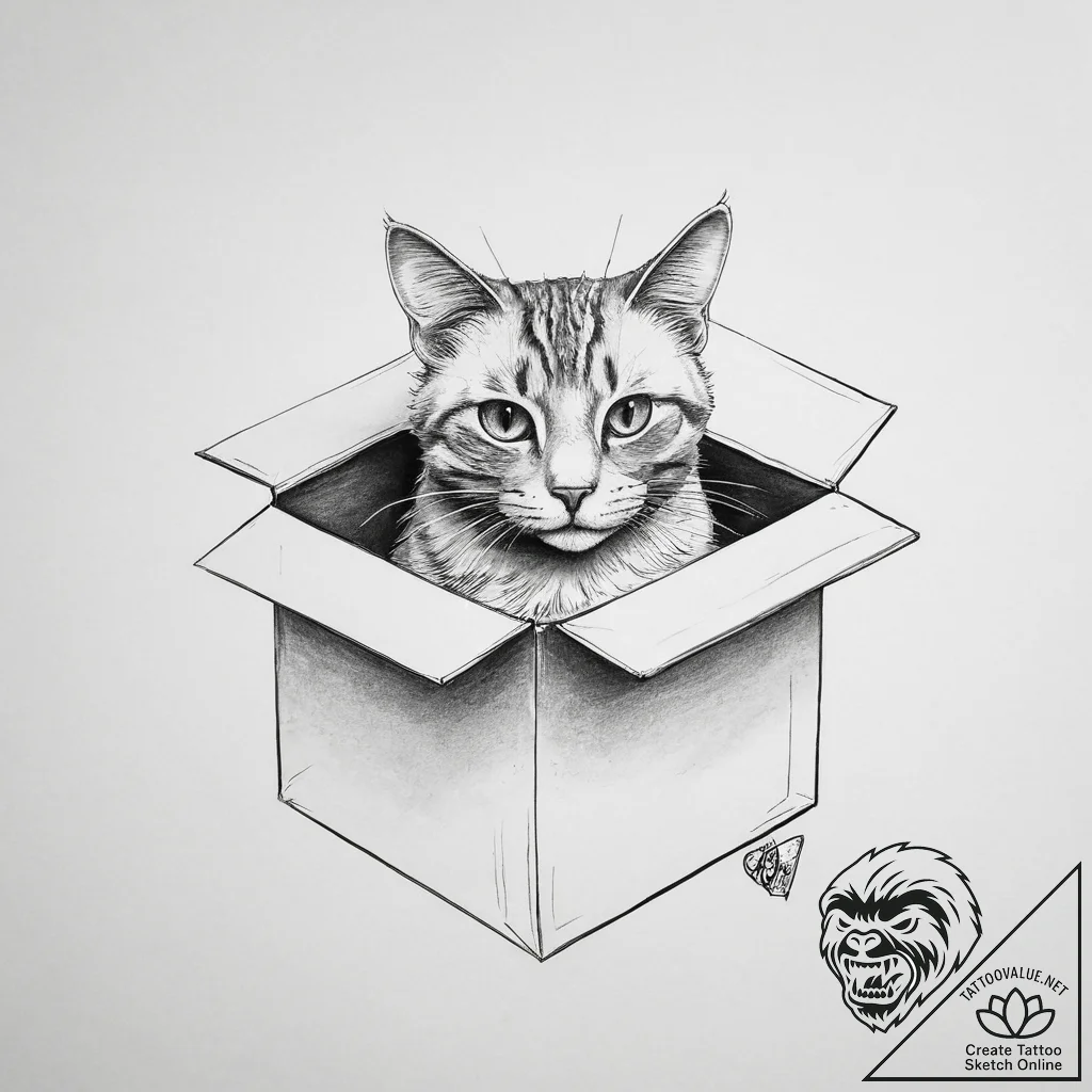 Schrodinger's cat in a box, concept art for t... - tattoo sketch (№1755665120_0, 20.08.2025 04:45) — tattoovalue.net