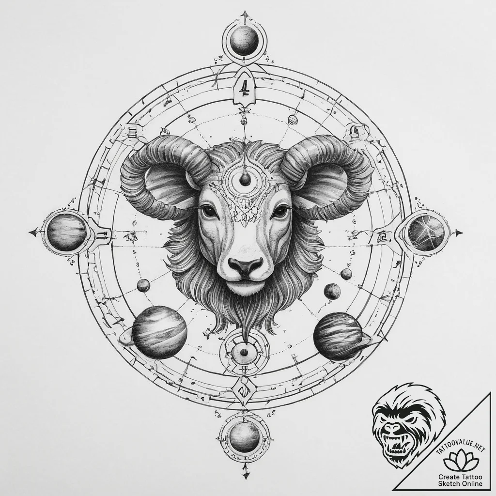 Tattoo design a zodiac animal with subtle alc... - tattoo sketch (№1755667711_0, 20.08.2025 05:28) — tattoovalue.net