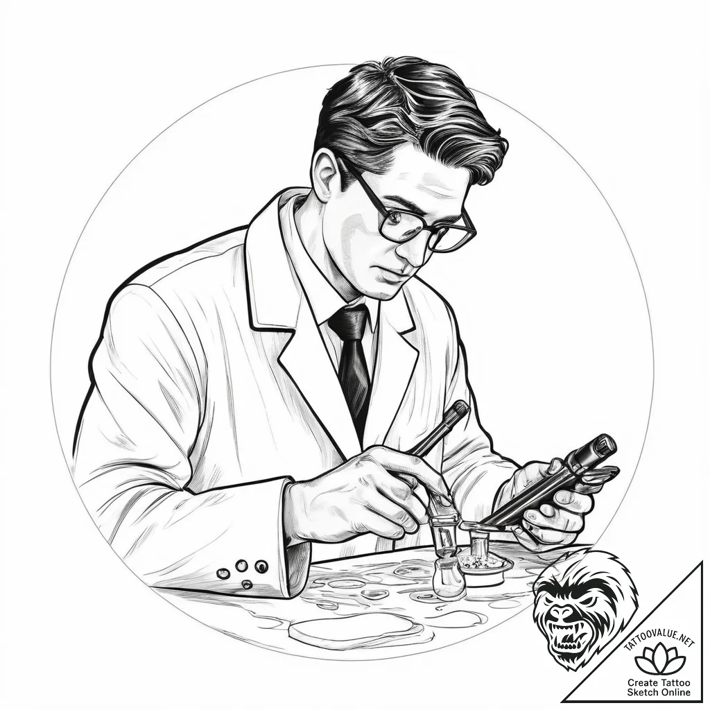 A scientist in a lab coat, looking at a petri... - tattoo sketch (№1755672492_0, 20.08.2025 06:48) — tattoovalue.net