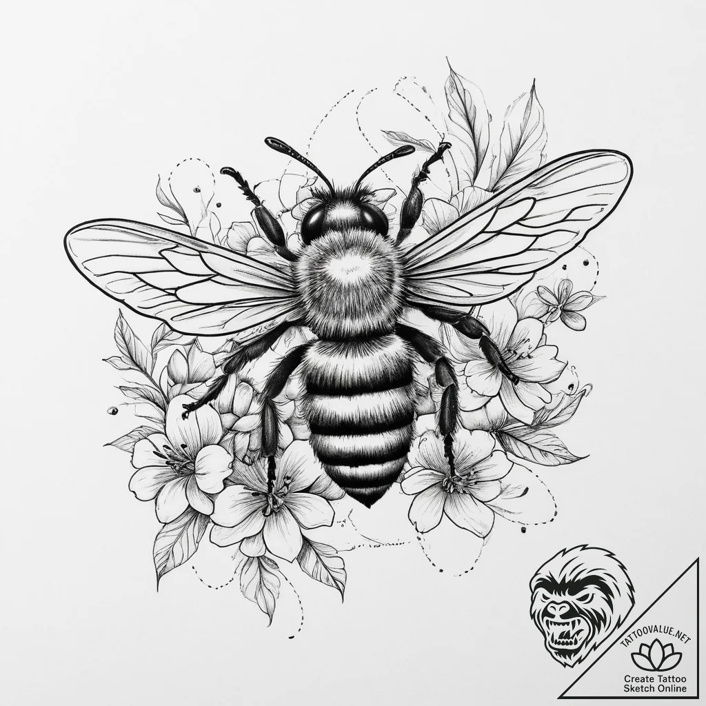 Tattoo sketch a delicate bee buzzing around a... - tattoo sketch (№1755696286_0, 20.08.2025 13:24) — tattoovalue.net