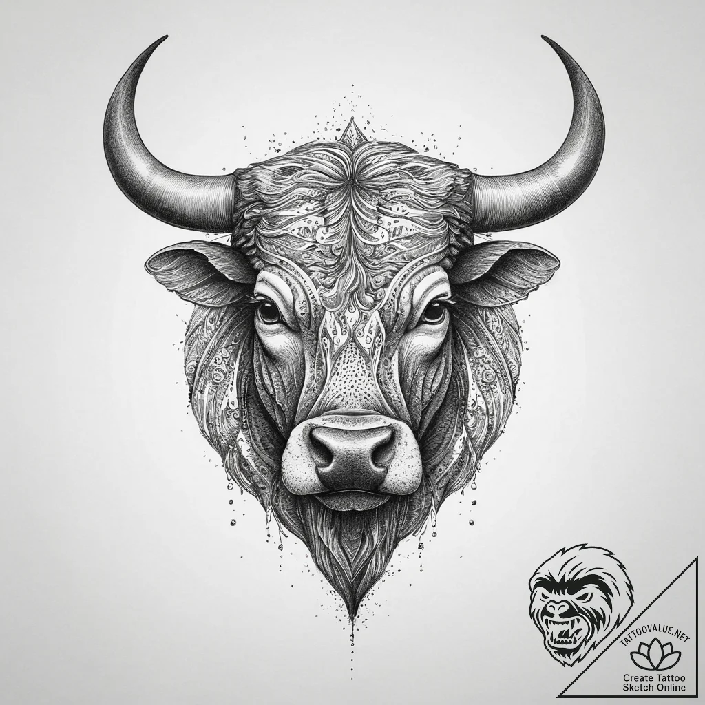Tattoo sketch a powerful bull, snorting and p... - tattoo sketch (№1755696517_0, 20.08.2025 13:28) — tattoovalue.net
