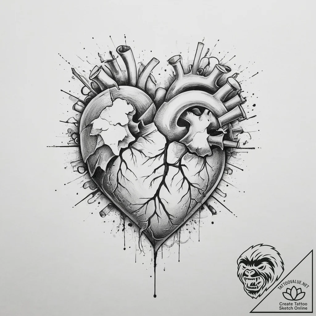 Tattoo sketch a deconstructed heart, showing... - tattoo sketch (№1755702254_0, 20.08.2025 15:04) — tattoovalue.net