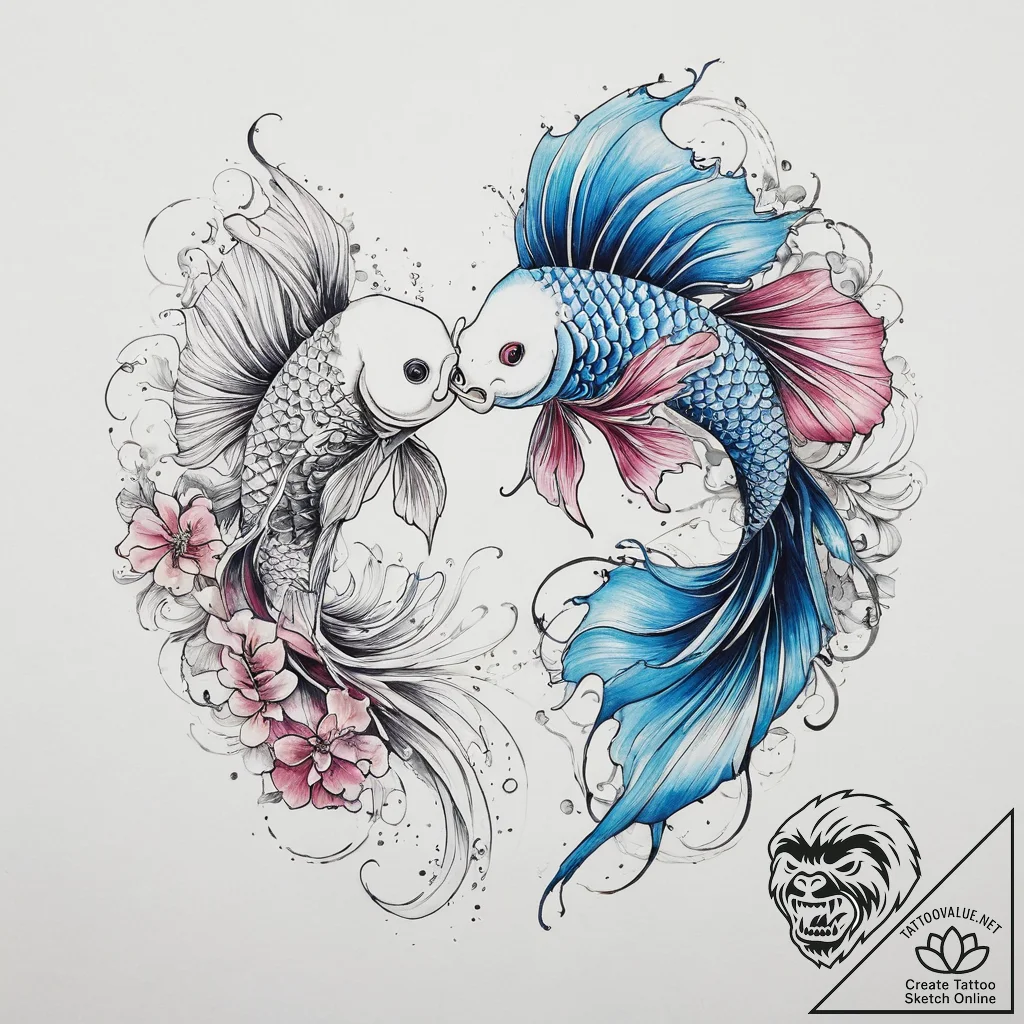 Two fighting fish (siamese fighting fish), ta... - tattoo sketch (№1755704511_0, 20.08.2025 15:41) — tattoovalue.net