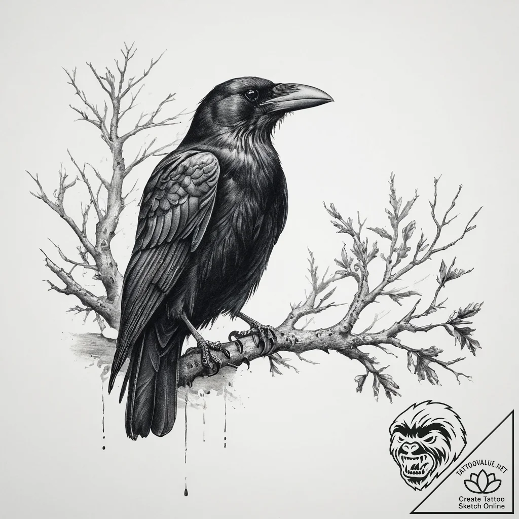 Tattoo sketch a raven or crow perched on a gn... - tattoo sketch (№1755705350_0, 20.08.2025 15:55) — tattoovalue.net