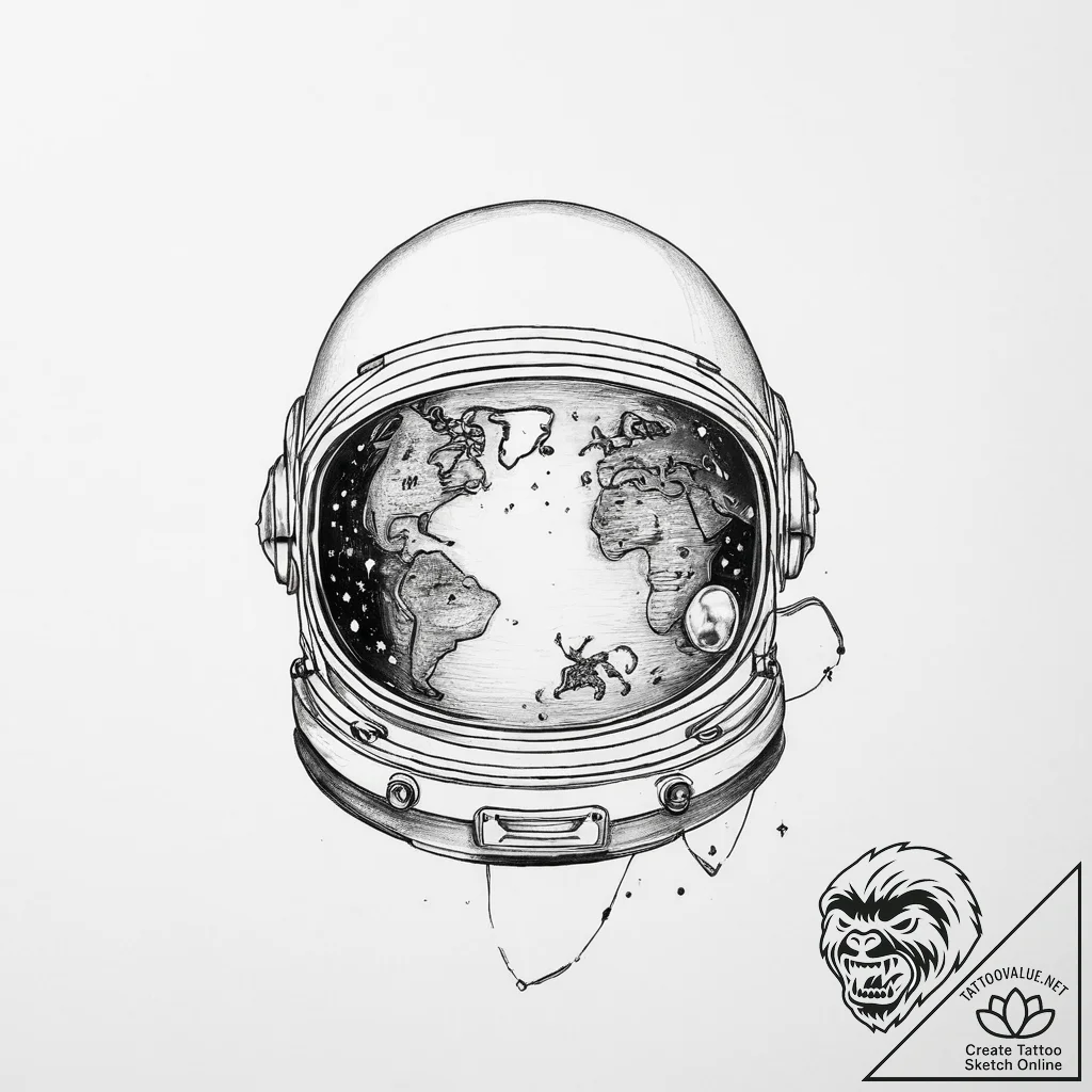 An astronaut's helmet reflecting the earth. - tattoo sketch (№1755705952_0, 20.08.2025 16:05) — tattoovalue.net