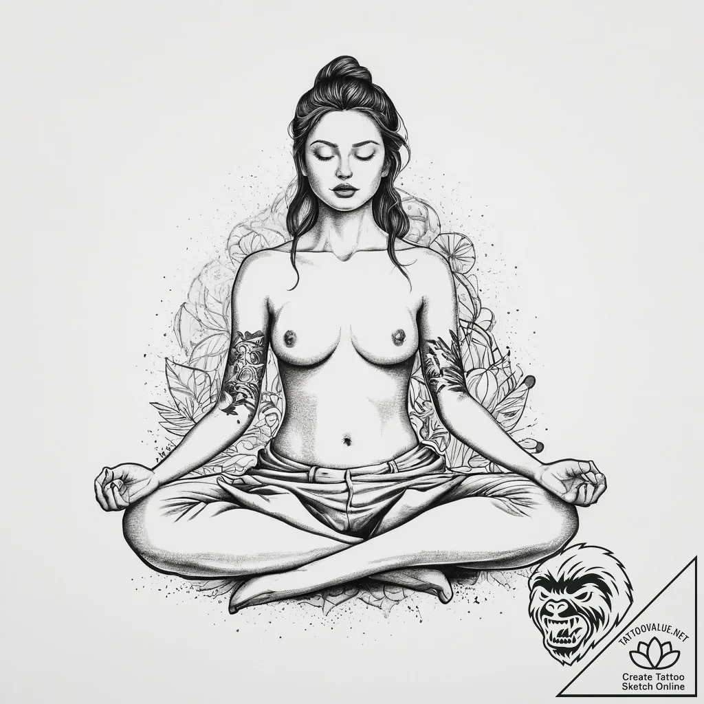A person meditating in a silent, snowy landsc... - tattoo sketch (№1755710645_0, 20.08.2025 17:24) — tattoovalue.net