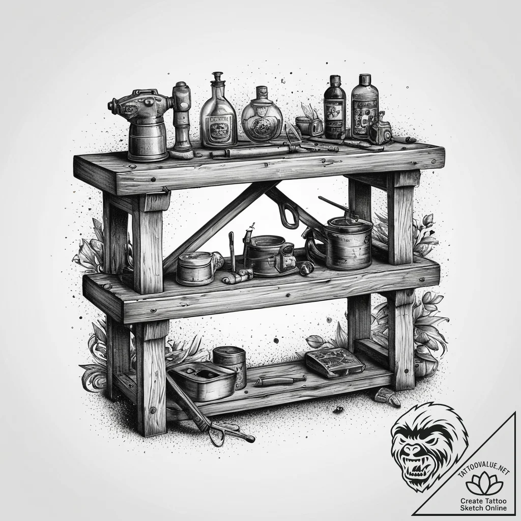 The organized clutter of a carpenter's workbe... - tattoo sketch (№1755712504_0, 20.08.2025 17:55) — tattoovalue.net