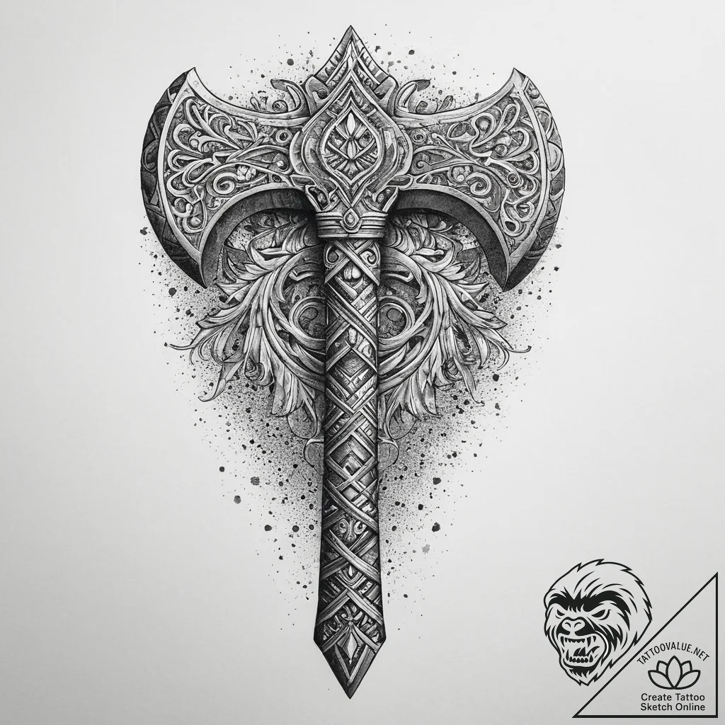 Tattoo design a battle-worn barbarian axe wit... - tattoo sketch (№1755715171_0, 20.08.2025 18:39) — tattoovalue.net